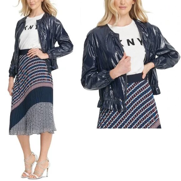 DKNY Blue Glossy Collarless Drawstring Bomber Jacket Size L - Picture 1 of 13